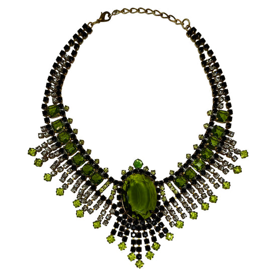 Egyptian Revival Green Crystal and Rhinestone Bib Necklace