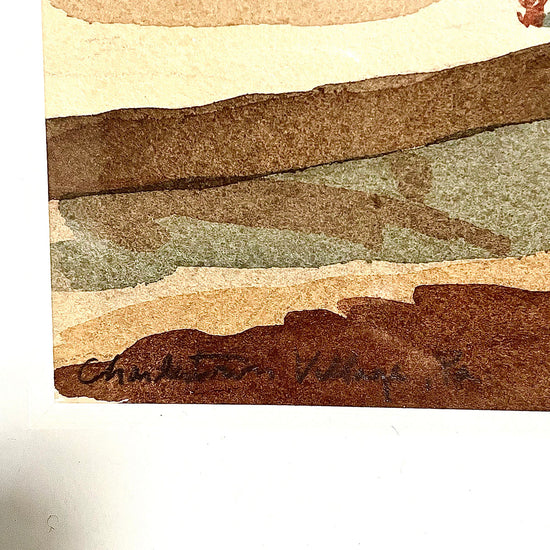 Watercolor Landscape with River and Bridge Signed