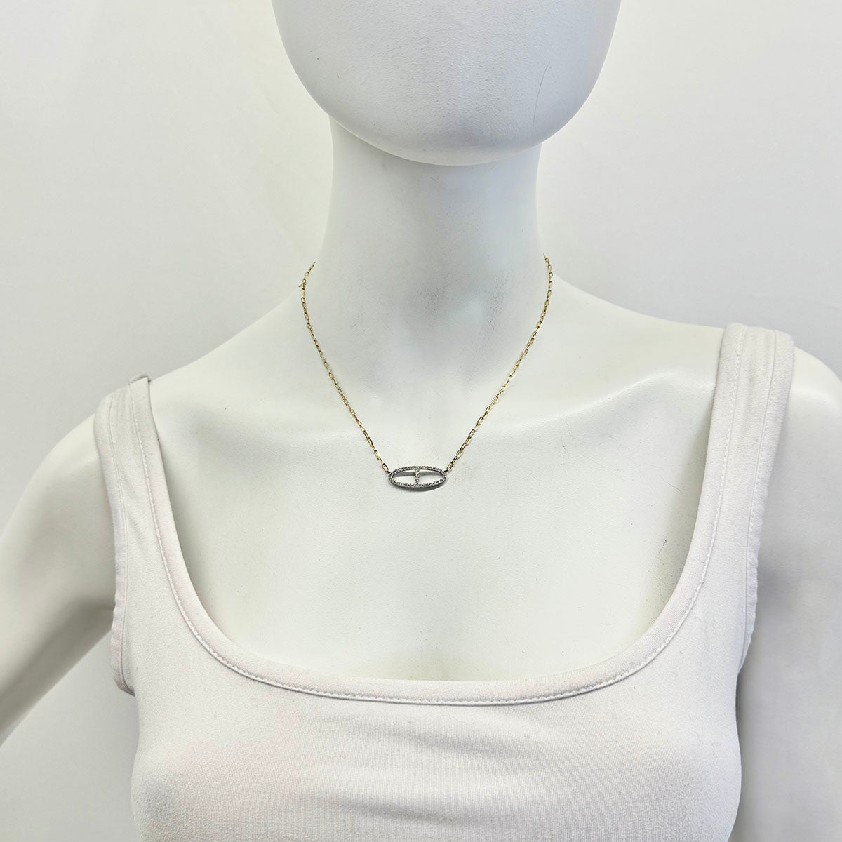 14K Gold Paper Clip Chain Necklace with Diamond Embellished Center Oval