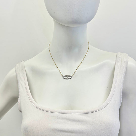 14K Gold Paper Clip Chain Necklace with Diamond Embellished Center Oval