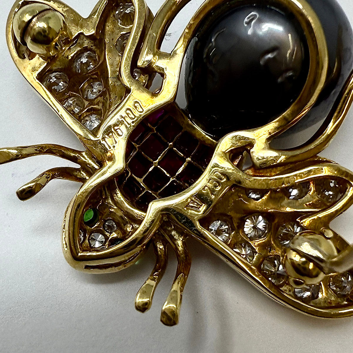 18K Gold Bee Pin with Tahitian Peal, Diamond, Ruby and Tsavorites