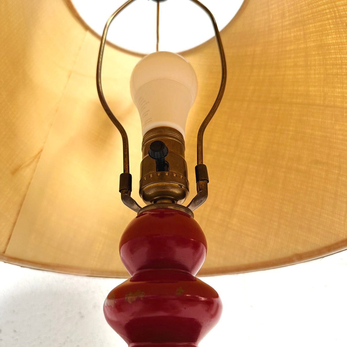 Pair of Rustic Red Lamps with Burlap & Silk Shade