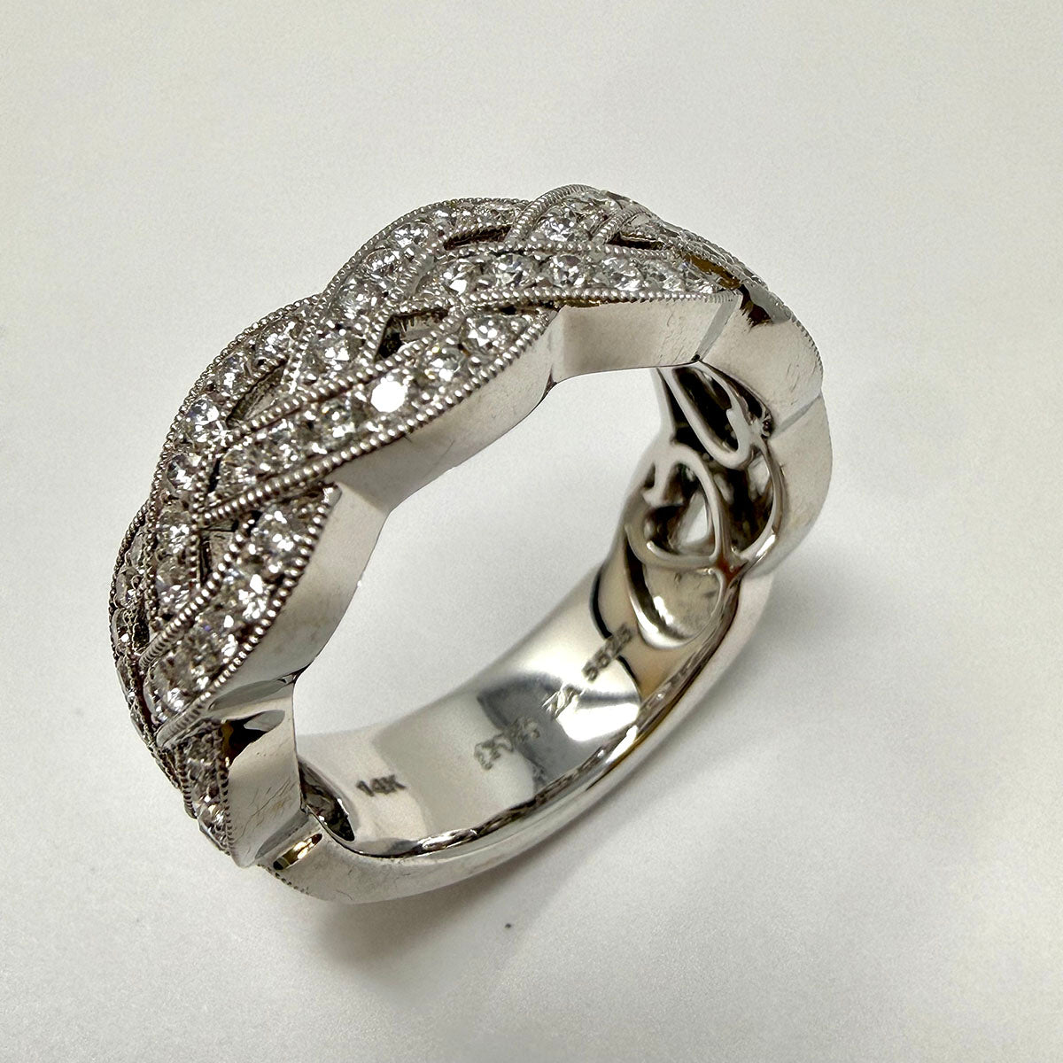 14K White Gold Weave Design Ring with Diamonds