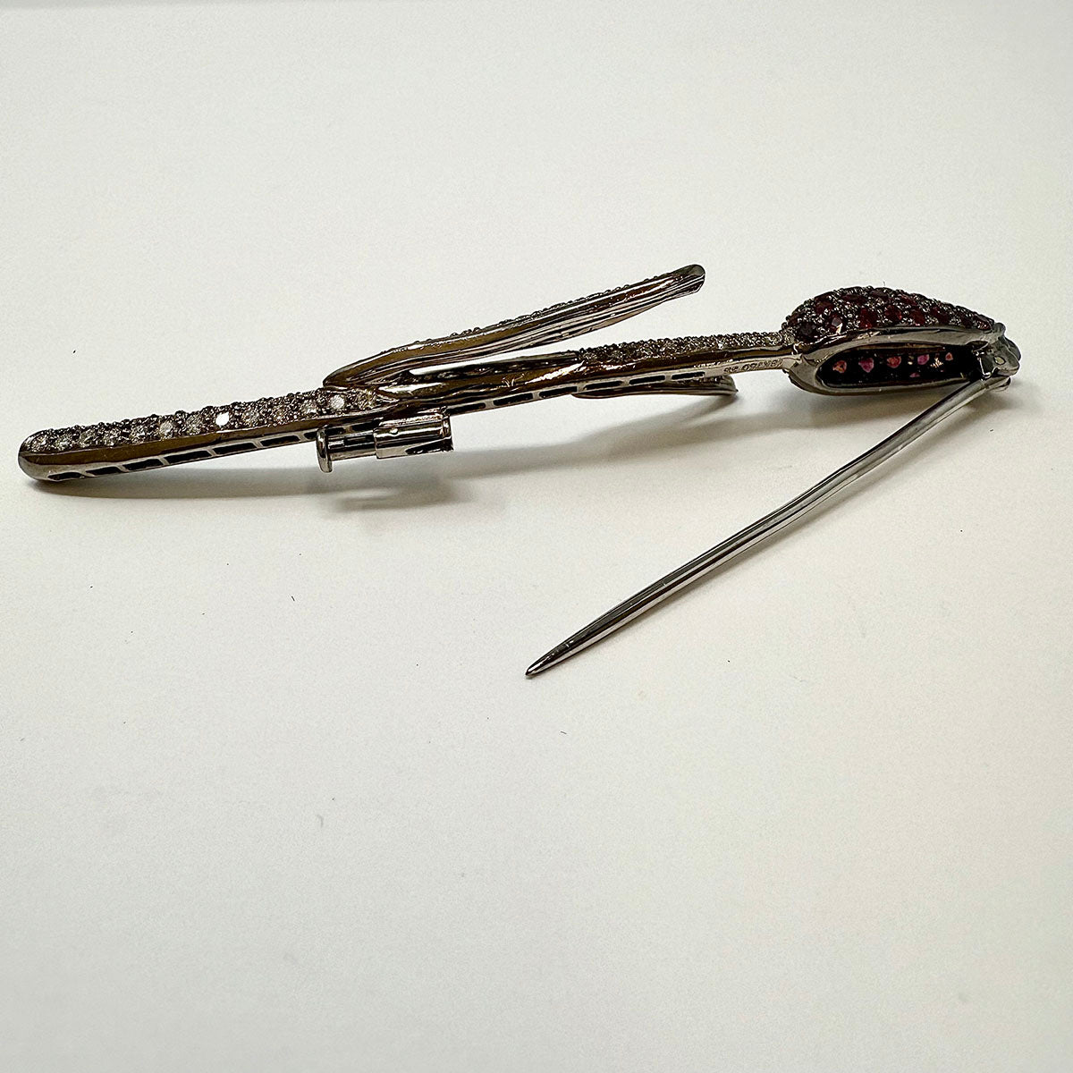 18K White Gold Diamond and Red Sapphire Flower Pin