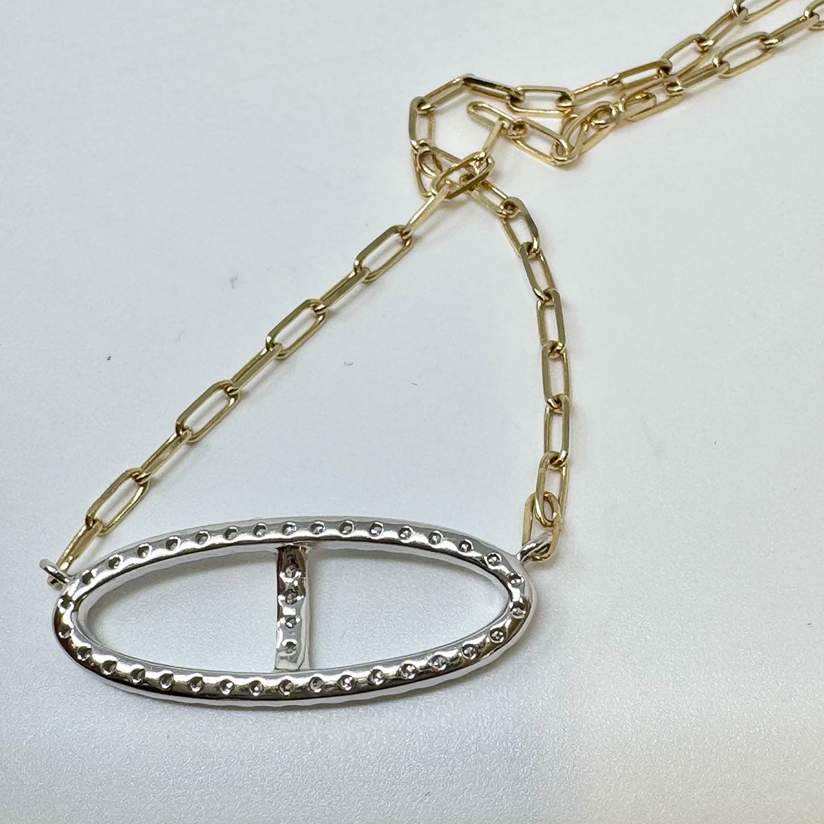 14K Gold Paper Clip Chain Necklace with Diamond Embellished Center Oval