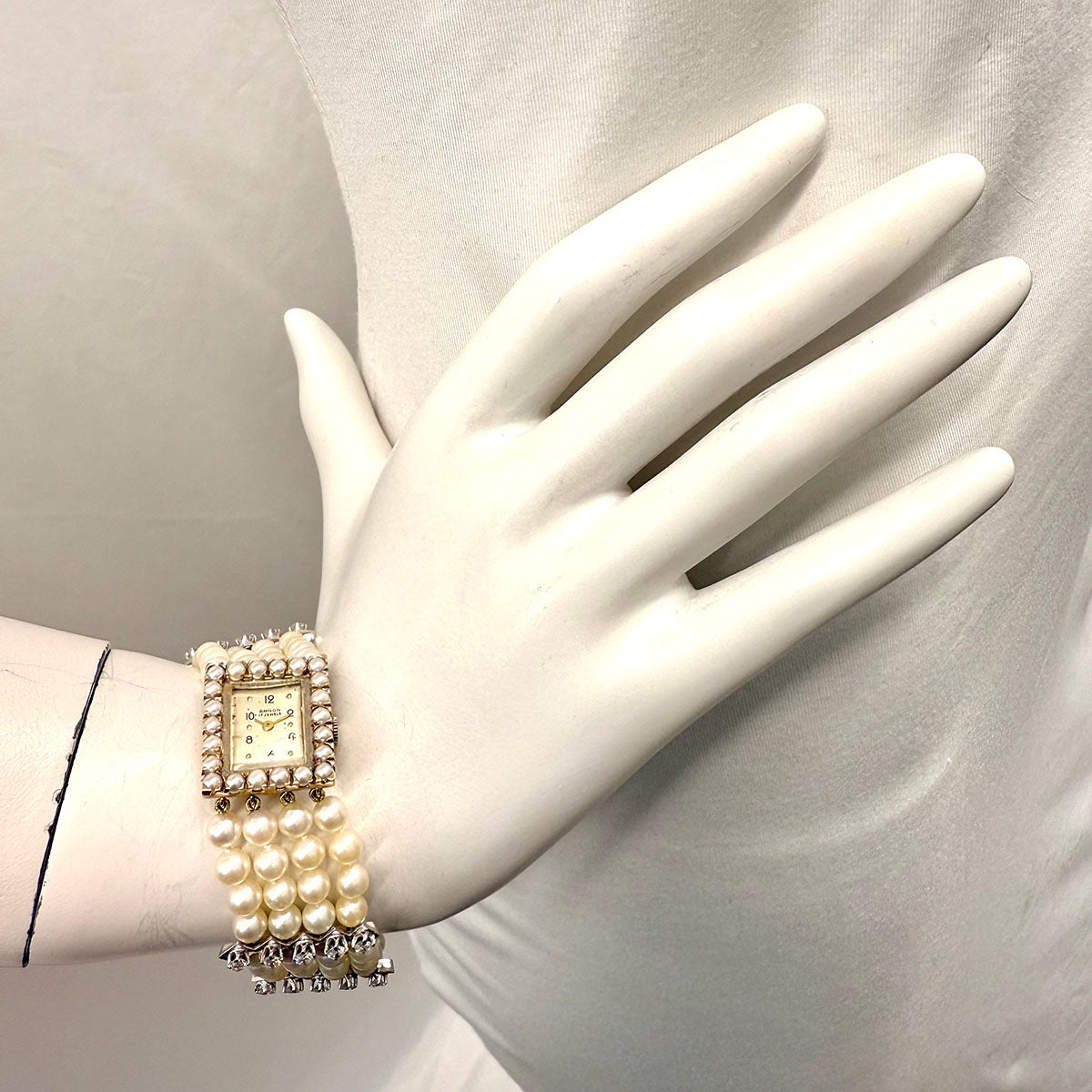 Amnon 17 Jewel Watch with 4 Strand Pearl Strap and Diamonds