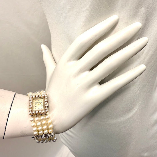 Amnon 17 Jewel Watch with 4 Strand Pearl Strap and Diamonds