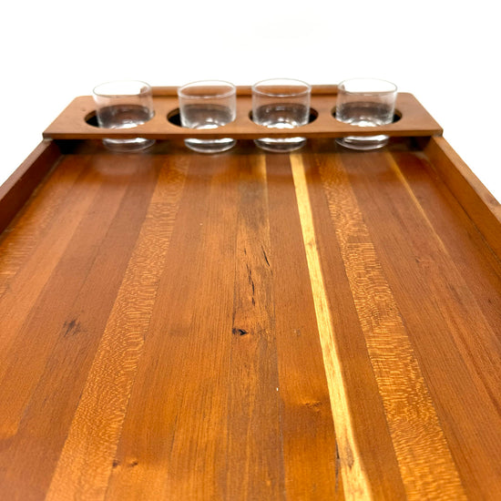 Vintage MCM Teak Tray with 8 Tasting Glasses