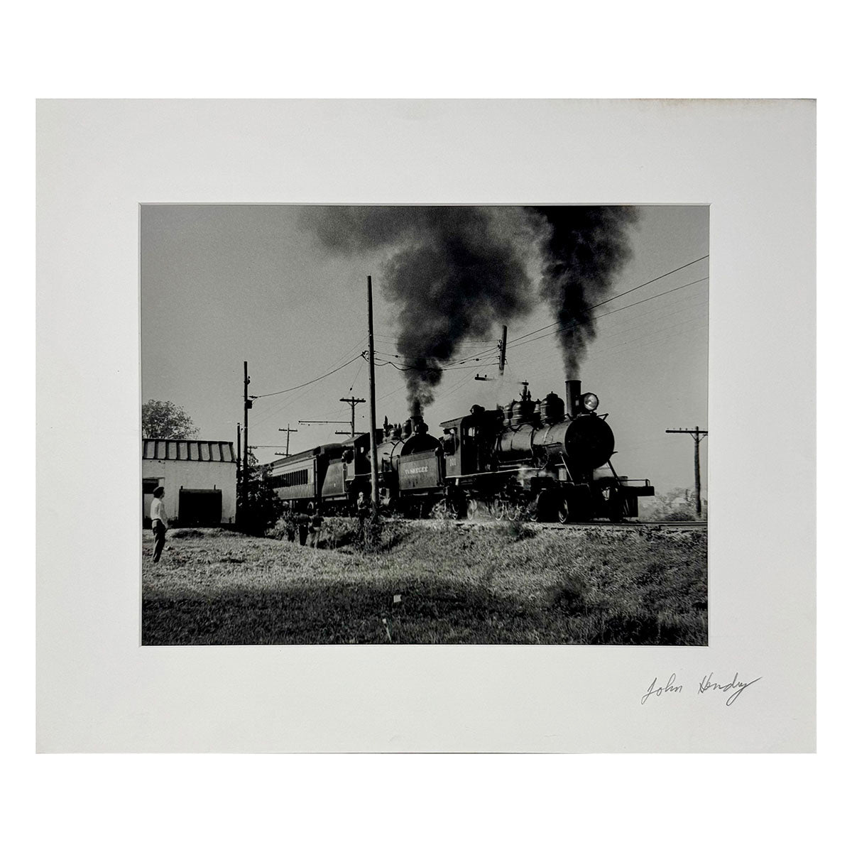 "Vintage Train Engine and Passenger Car" Photograph Signed on Mat