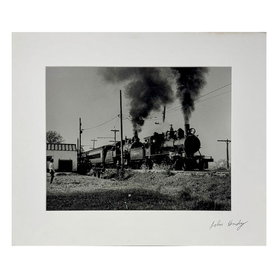 "Vintage Train Engine and Passenger Car" Photograph Signed on Mat