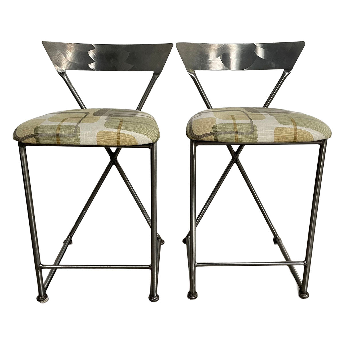 Pair of Metal Counter Stools with Upholstered Seats