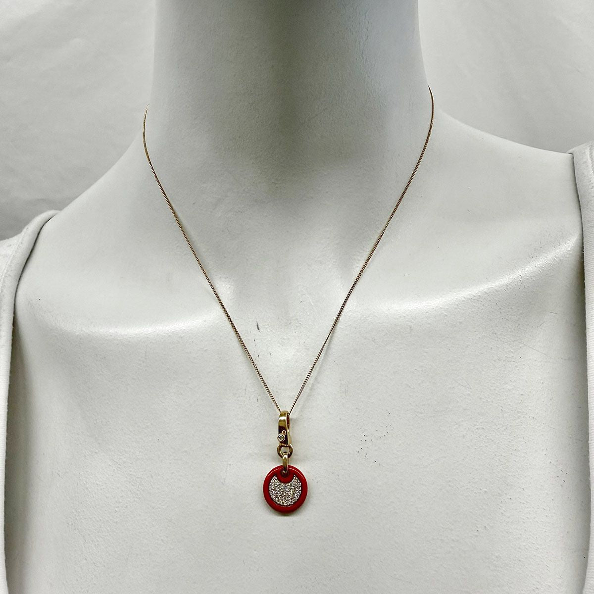 14K Gold Necklace with Diamond Embellished Disc Pendant with Red Enamel Trim