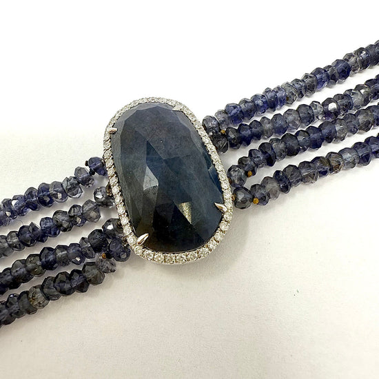 4 Strand Iolite Bracelet with Sapphire at Center with Diamond Trim