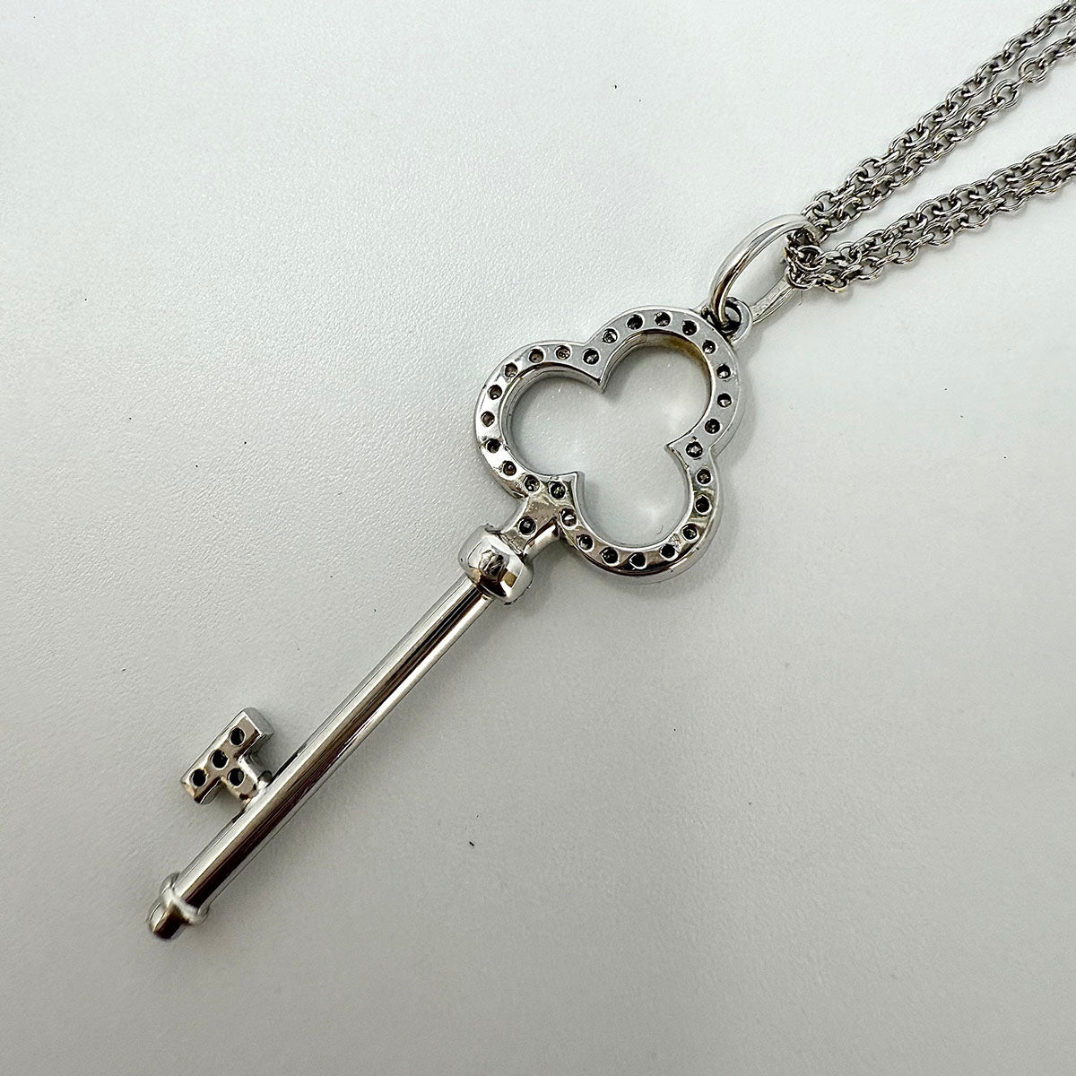 14K White Double Chain Necklace with 18K White Gold Diamond Key Pendant