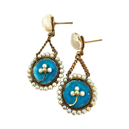 14K Gold Blue Enamel Drop Earrings with Pearls