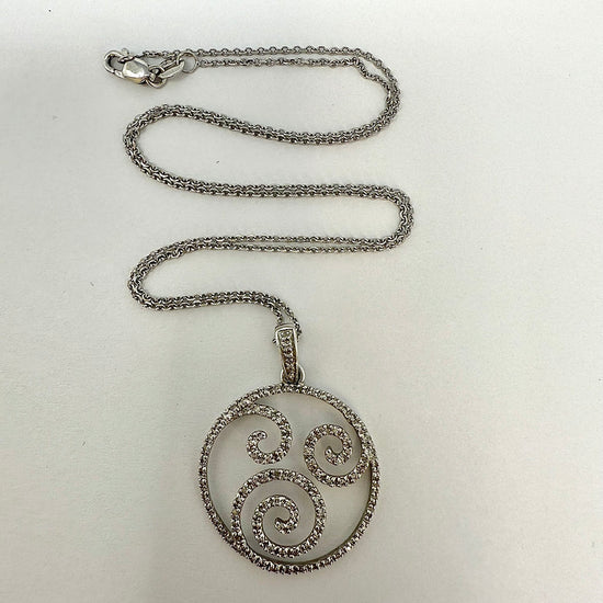14K White Gold Diamond Swirl Pendant Necklace