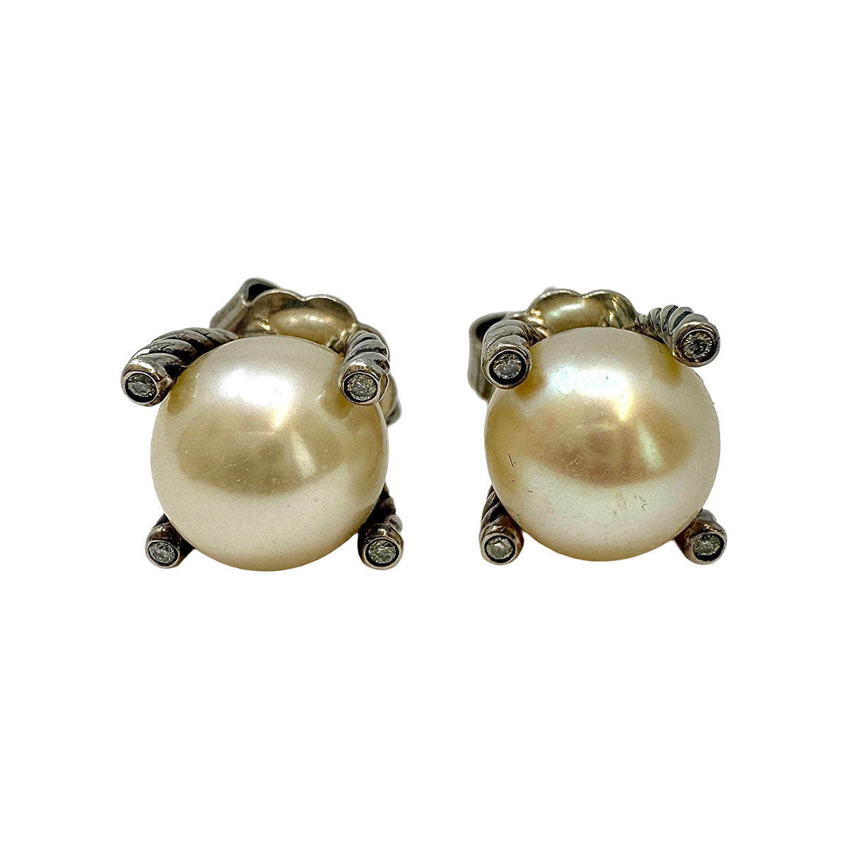 David Yurman Sterling Silver Pearl and Diamond Cable Stud Earrings