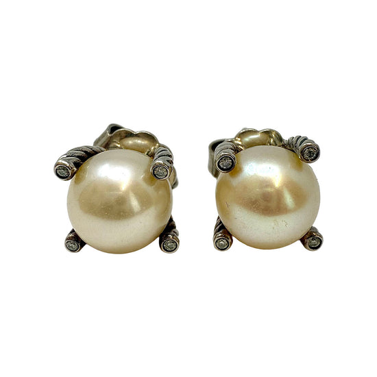 David Yurman Sterling Silver Pearl and Diamond Cable Stud Earrings