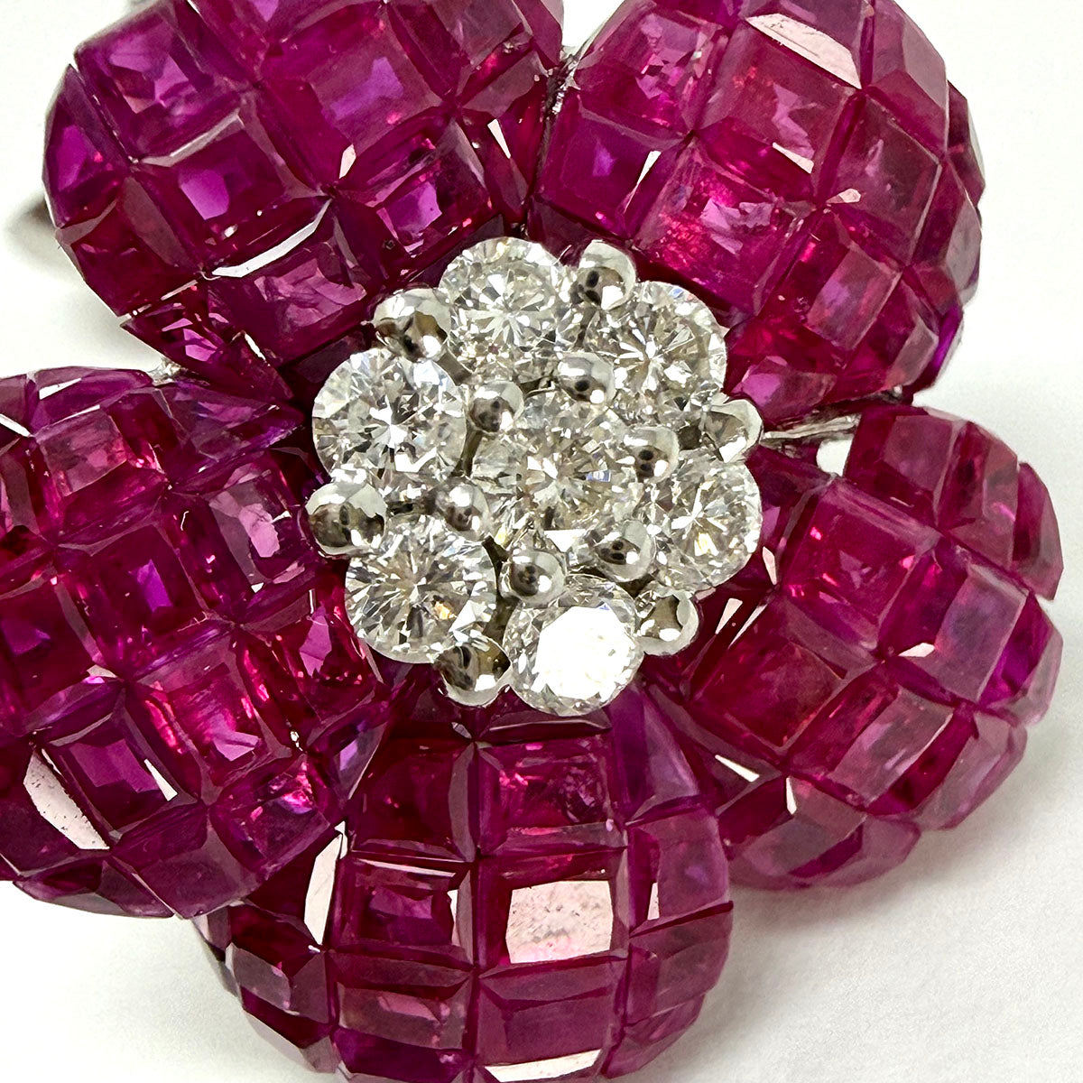 18K White Gold  Floral Earrings with Ruby and Diamond