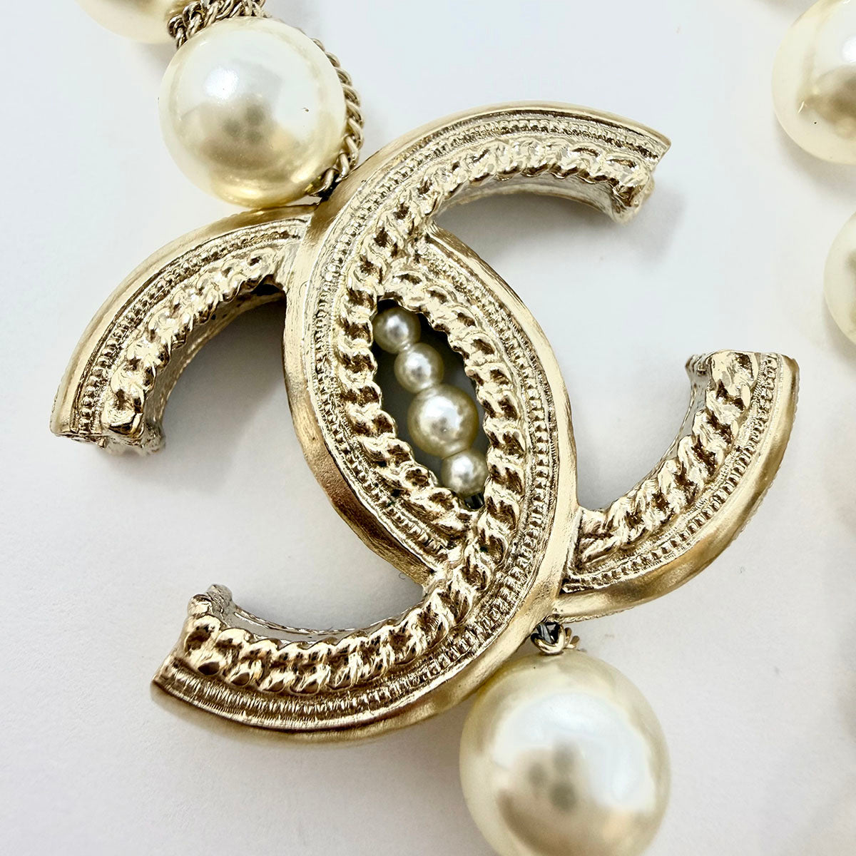 Chanel Long Faux Pearl Necklace with CC Charm