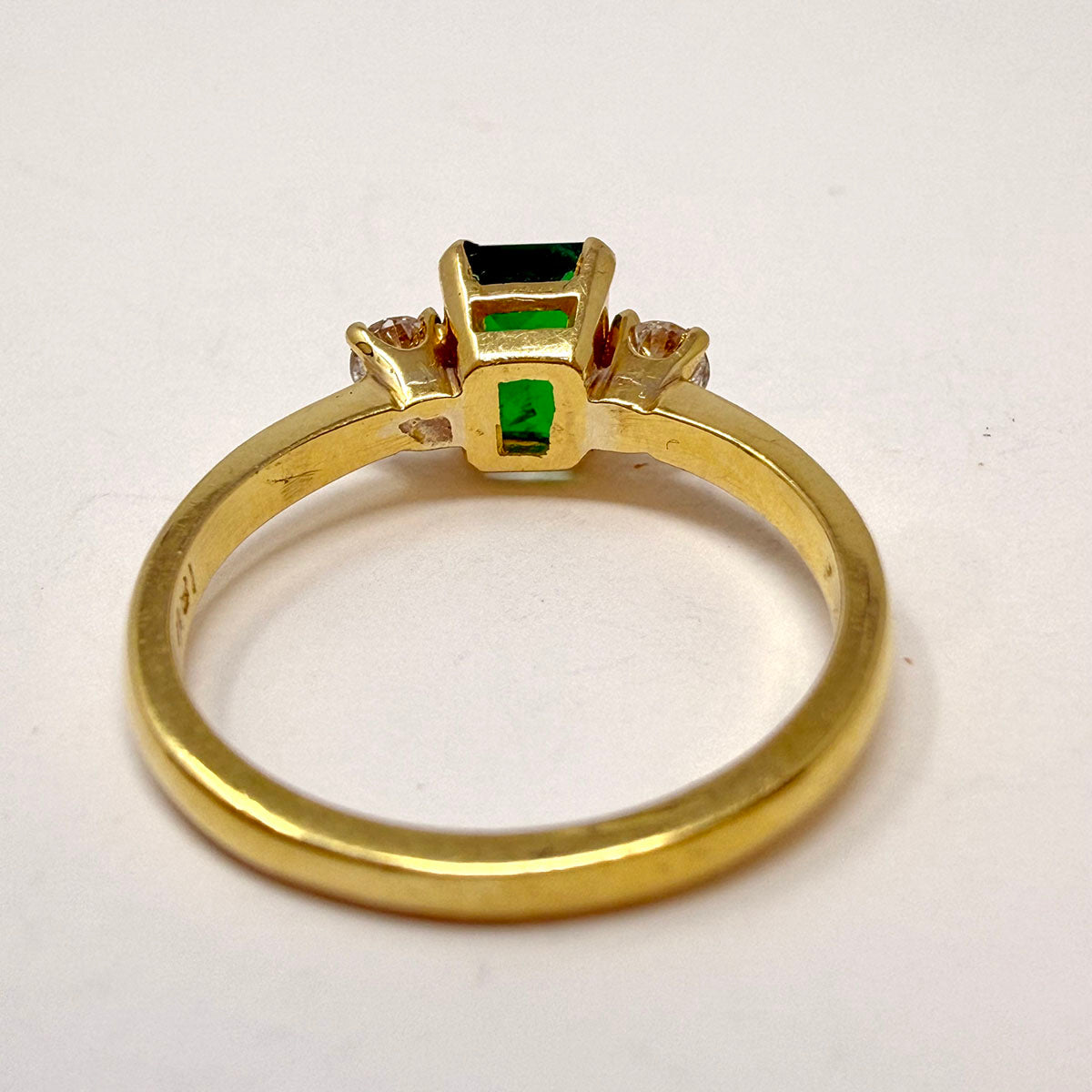 18K Gold Ring with Prong Set Emerald and 2 Diamonds