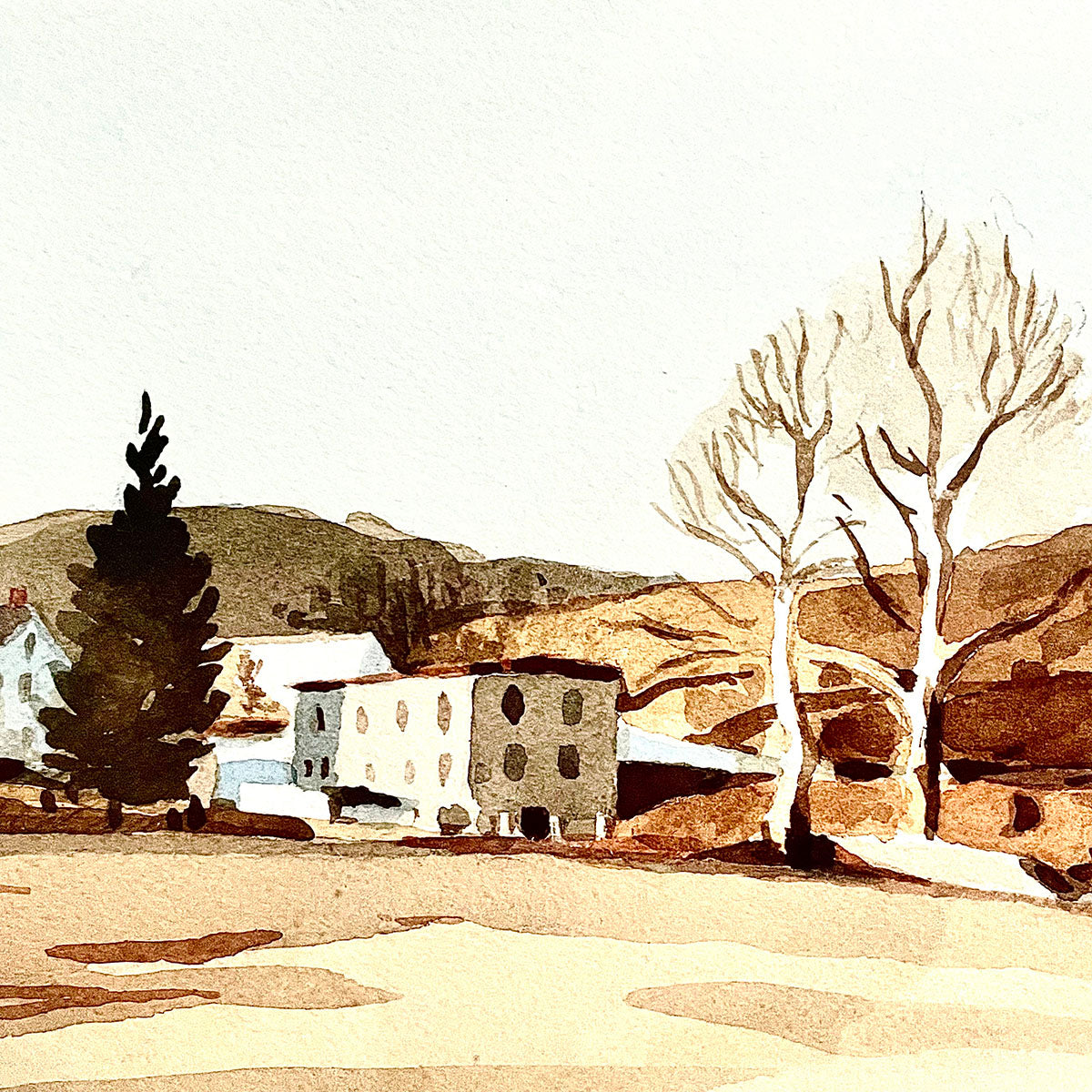 Watercolor Landscape with River and Bridge Signed