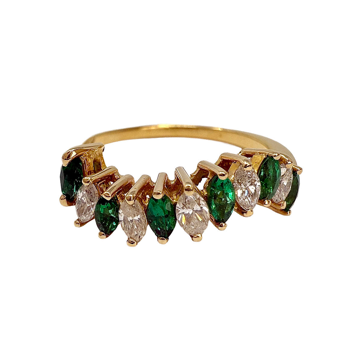 18K Gold Wavy Ring with 6 Emeralds and 5 Marquise Diamonds