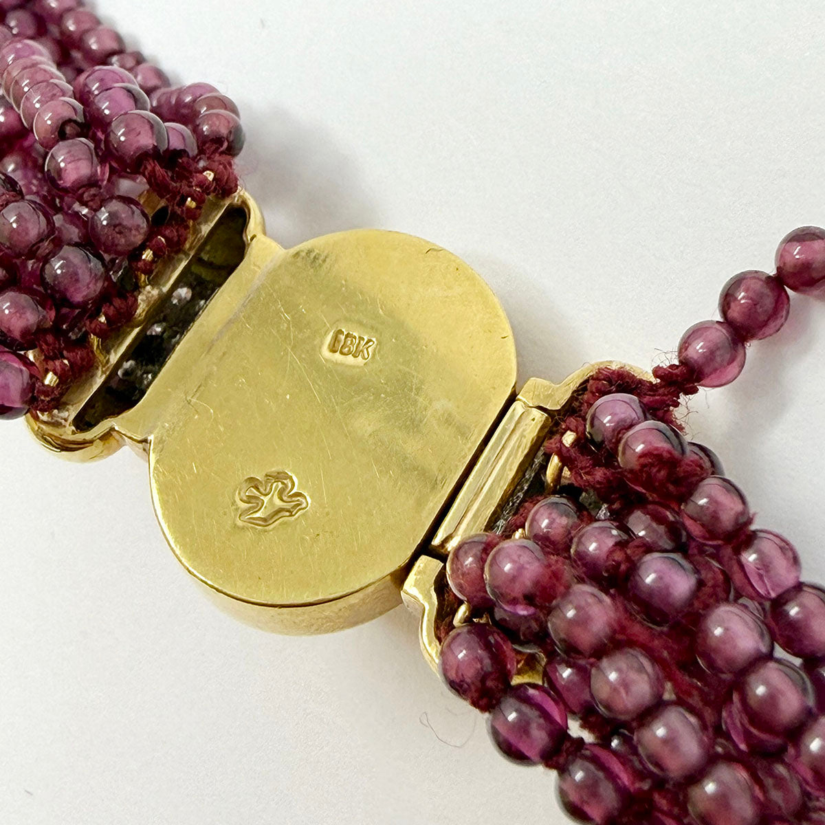 10 Strand Garnet Bead Necklace with 18K Gold Clasp with Cabochon and Diamonds