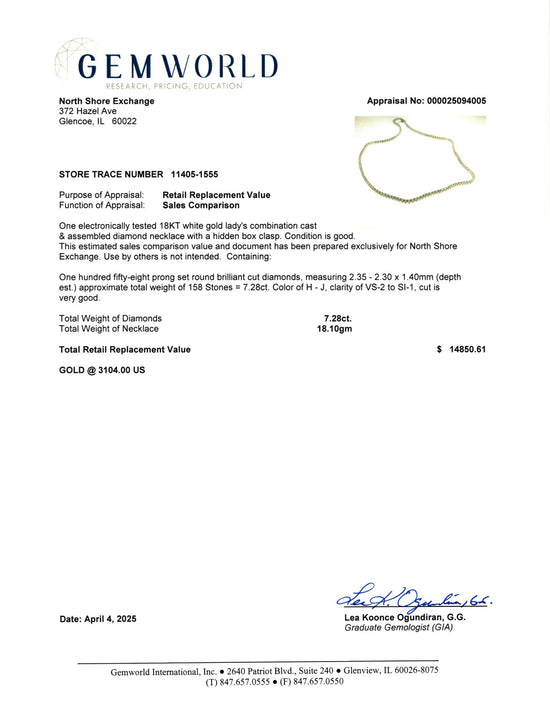 18K White Gold 7.28ct Diamond Tennis Necklace