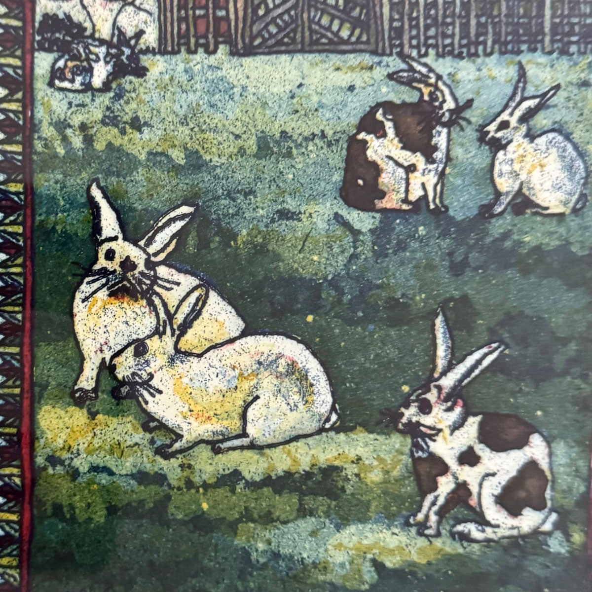 Framed Etching "When Rabbits are at the Garden"