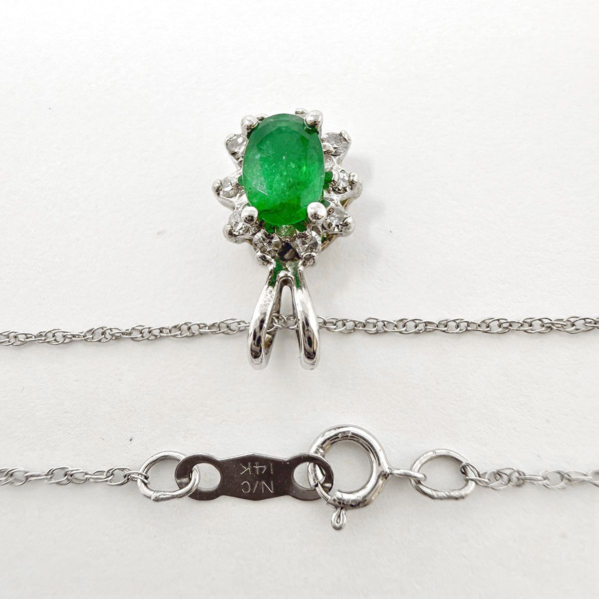 14K White Gold Necklace with Emerald and Diamond Pendant