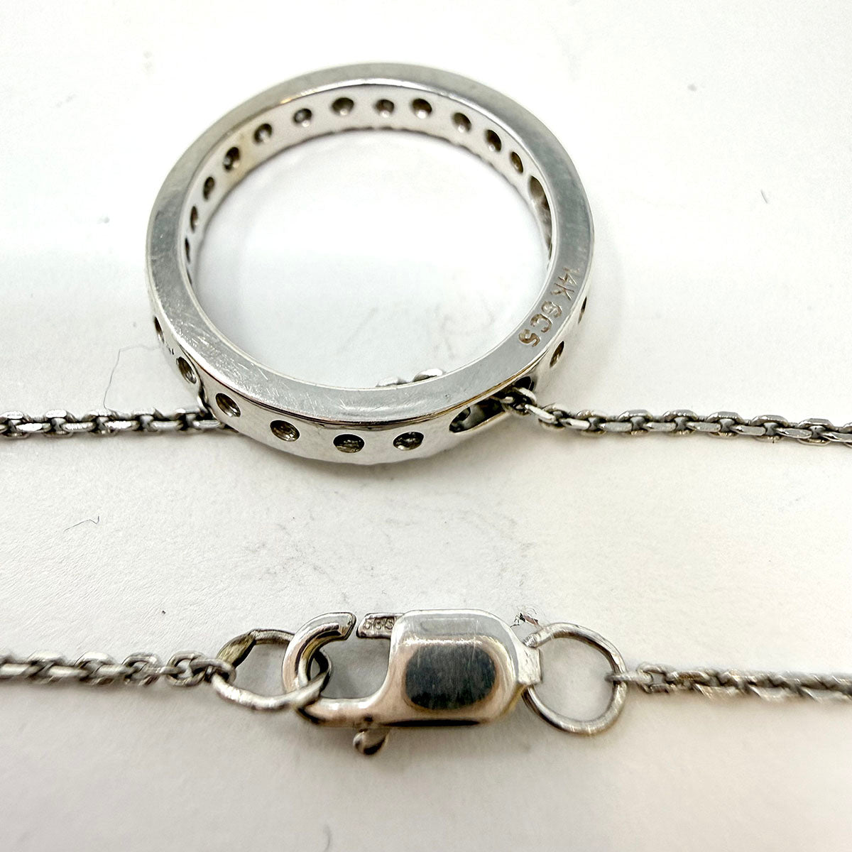 14K White Gold Necklace with Diamond Embellished Circle Pendant
