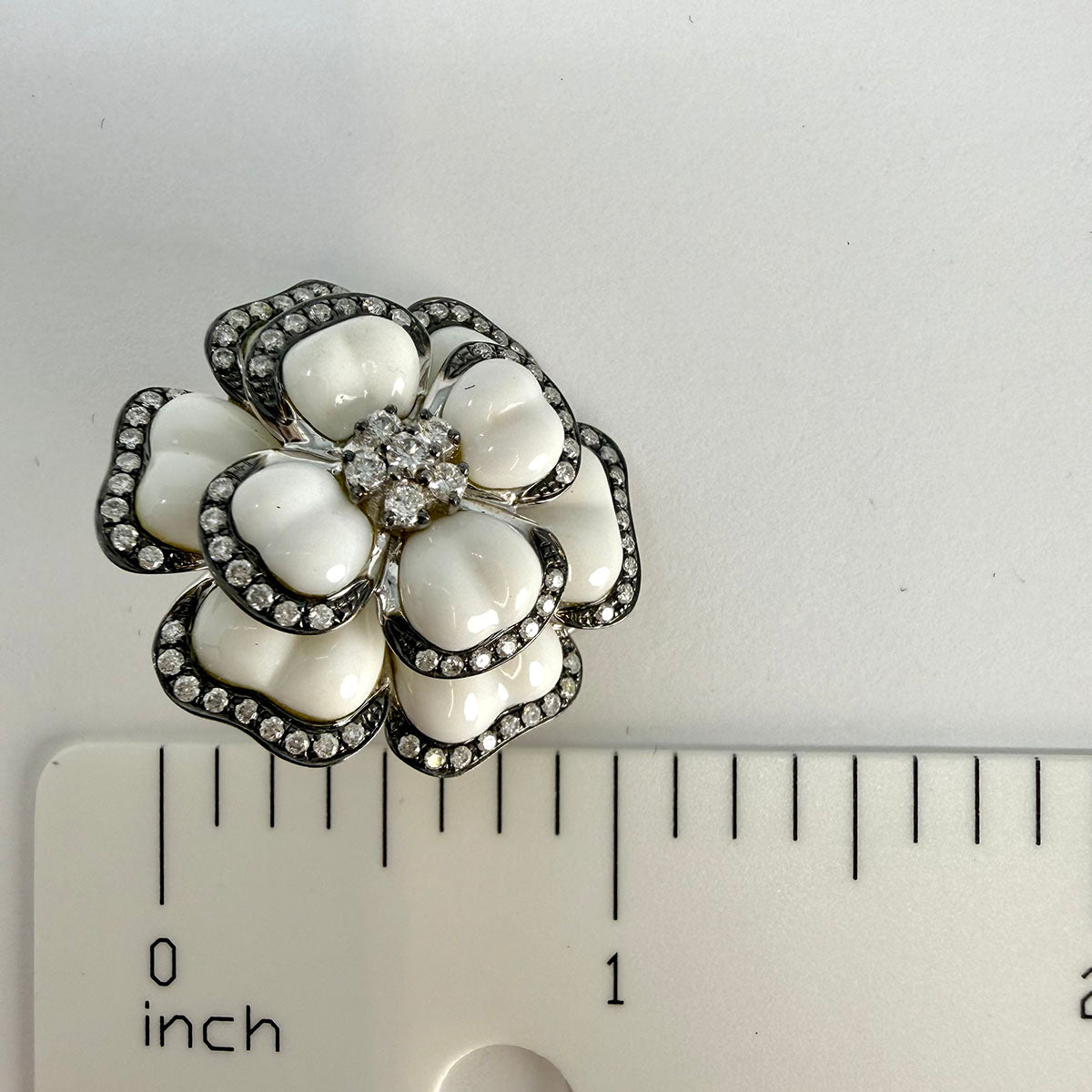 14K White Gold Three Dimensional Floral Shape Ceramic Earrings with Diamonds