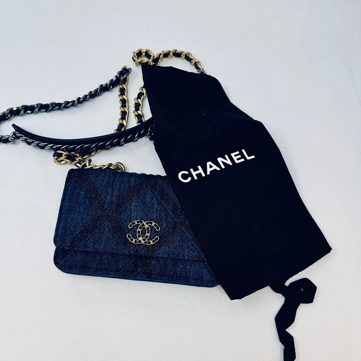 New Chanel 19 Denim Quilted Wallet on the Chain