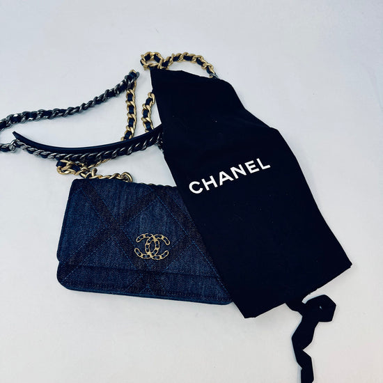 New Chanel 19 Denim Quilted Wallet on the Chain