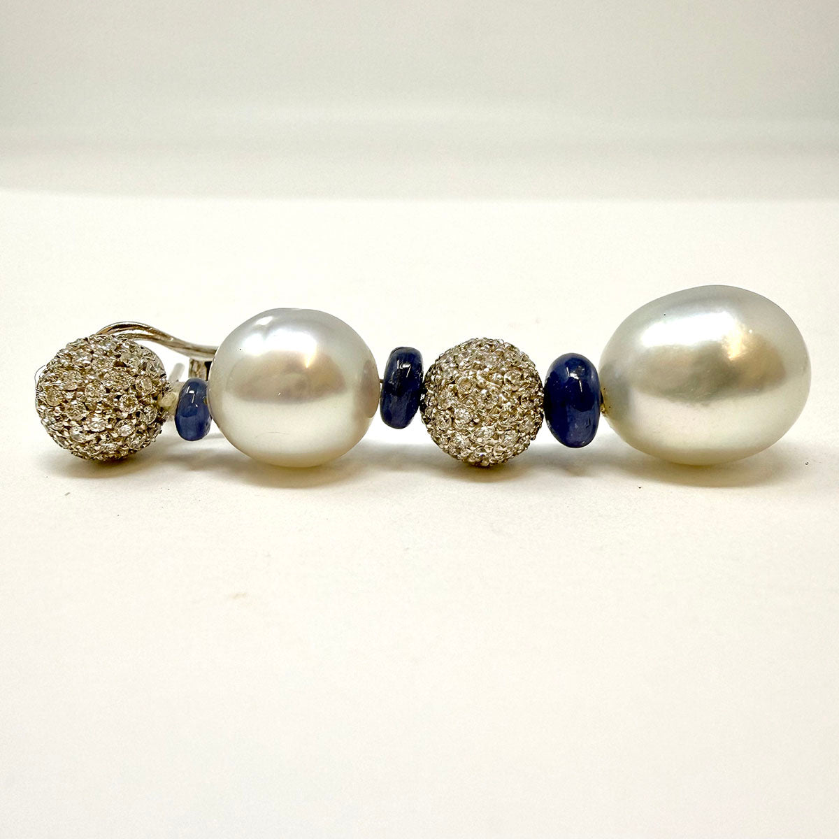 18K White Gold Drop Earrings with 2 Diamond Balls and 2 South Sea Cultured Pearl