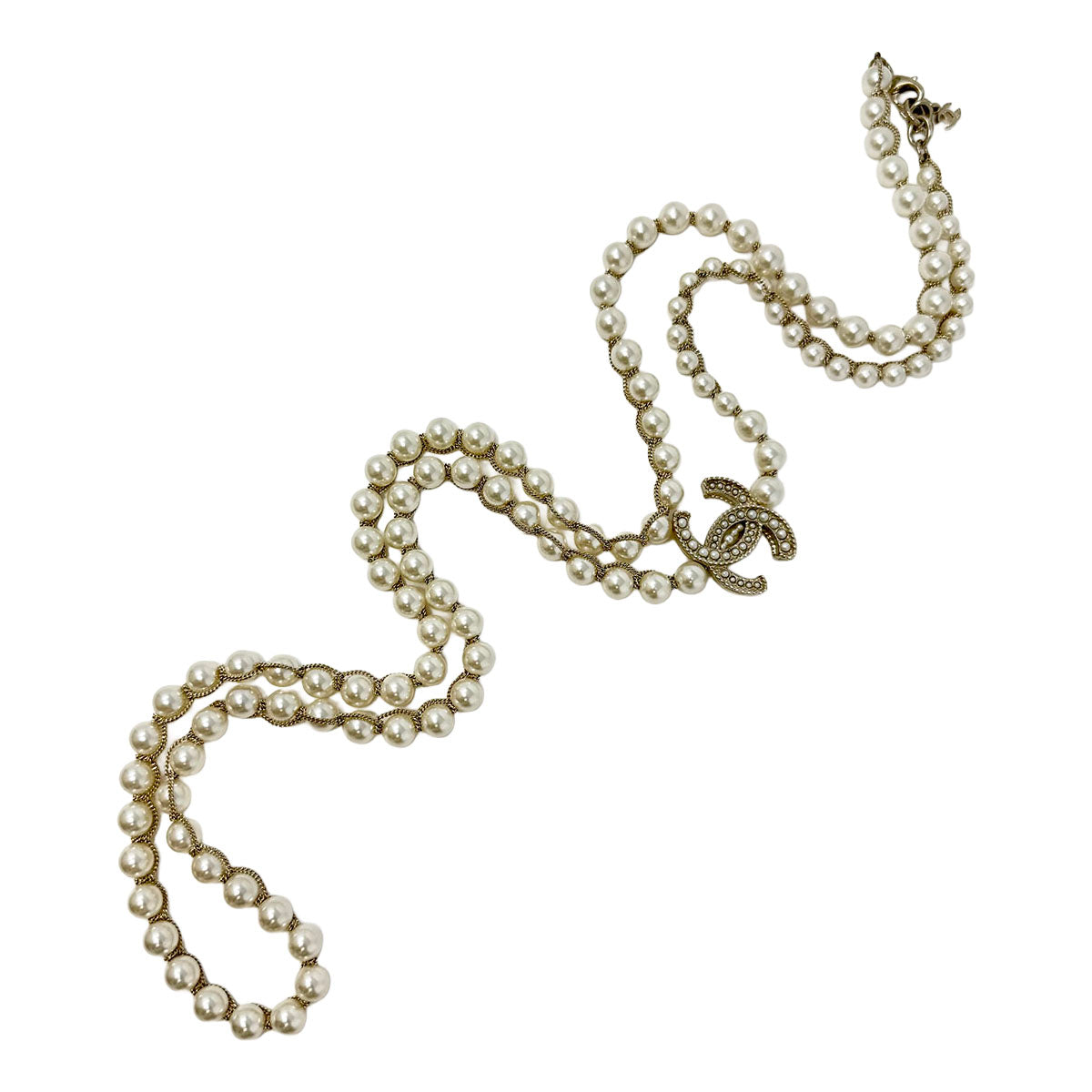 Chanel Long Faux Pearl Necklace with CC Charm