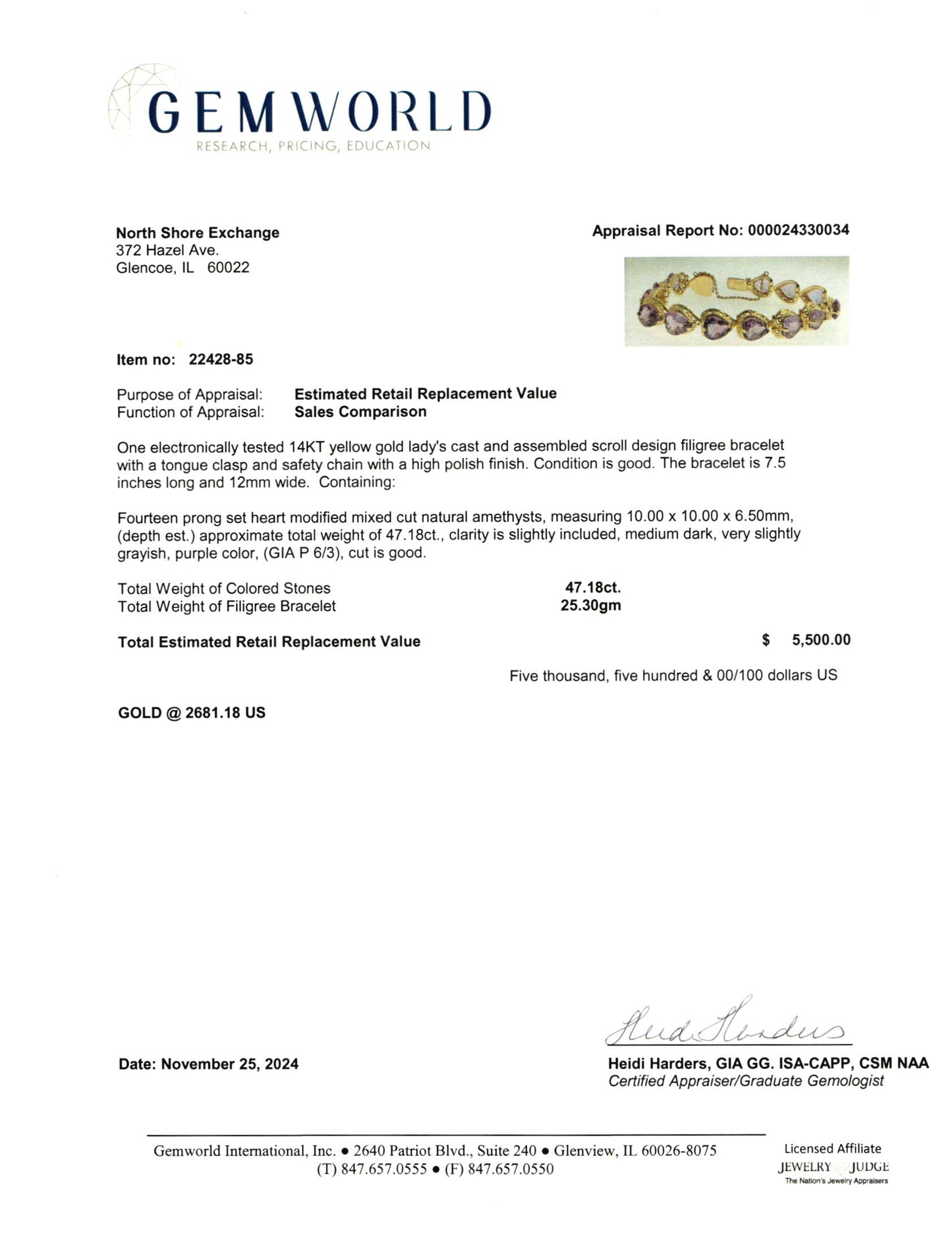 Vintage 14K Gold Heart Shaped Amethyst Link Bracelet