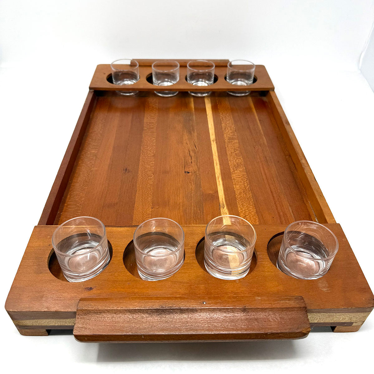 Vintage MCM Teak Tray with 8 Tasting Glasses