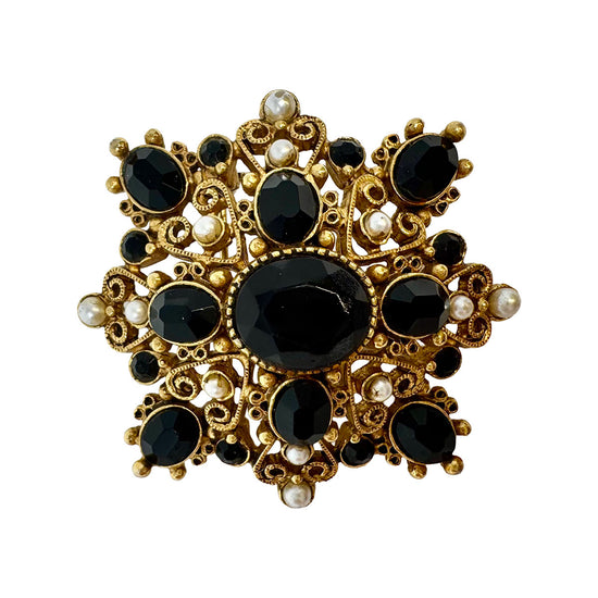 Florenza Ornate Gilded Brooch with Onyx and Pearl Accents