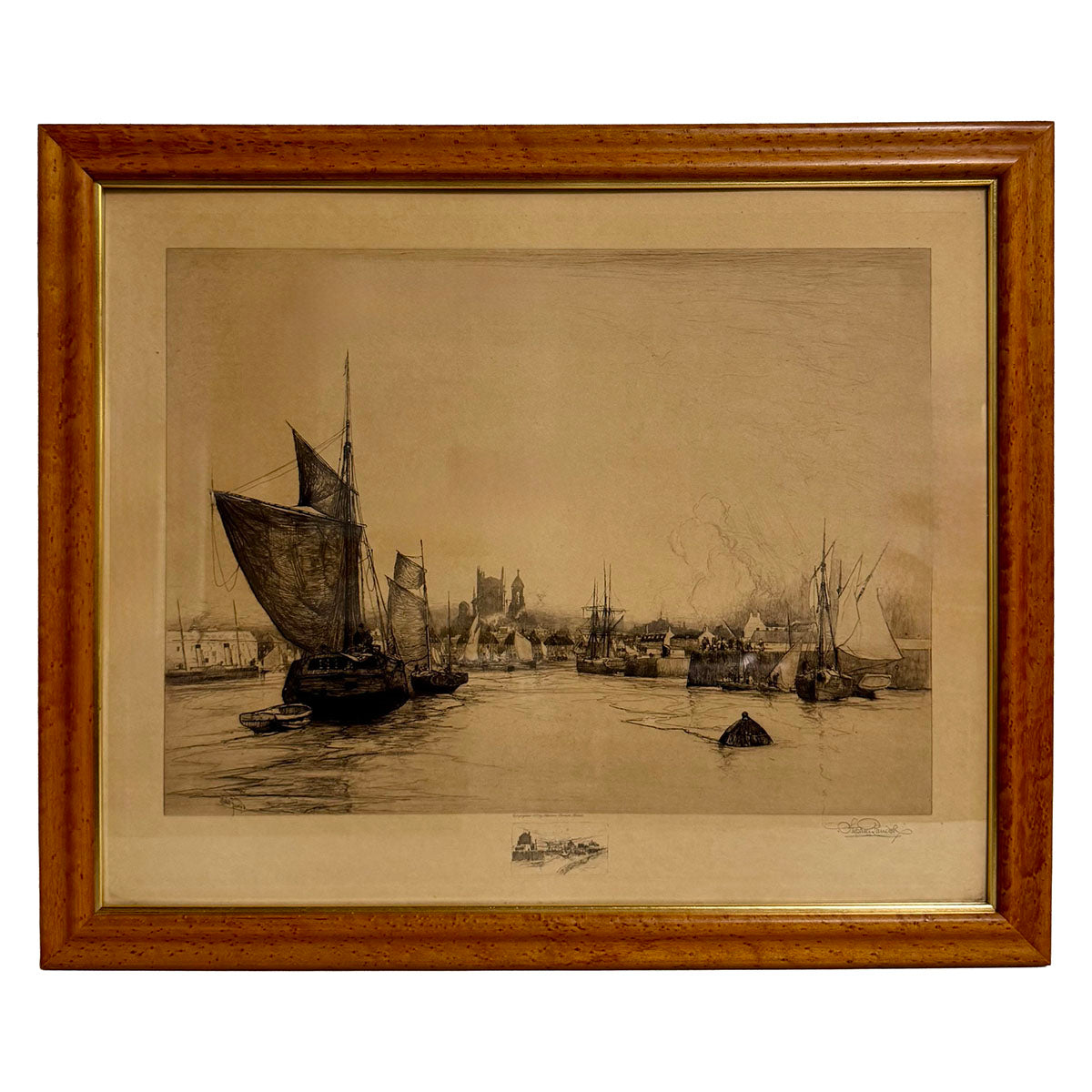 Framed Monochrome Etching of a Harbor with Ships 1887