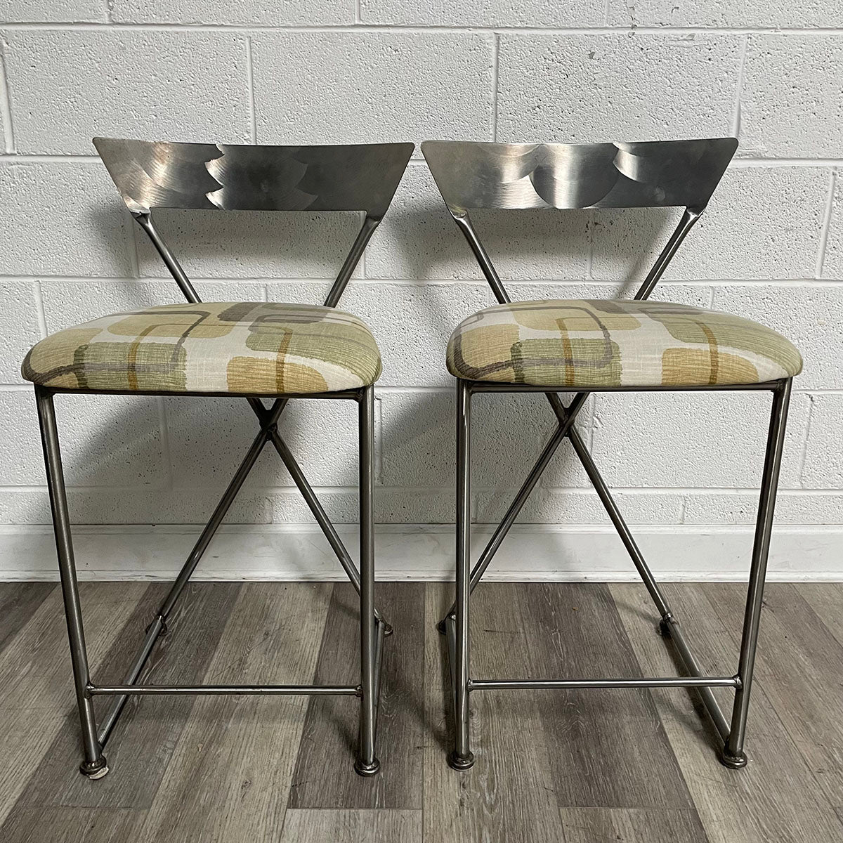 Pair of Metal Counter Stools with Upholstered Seats