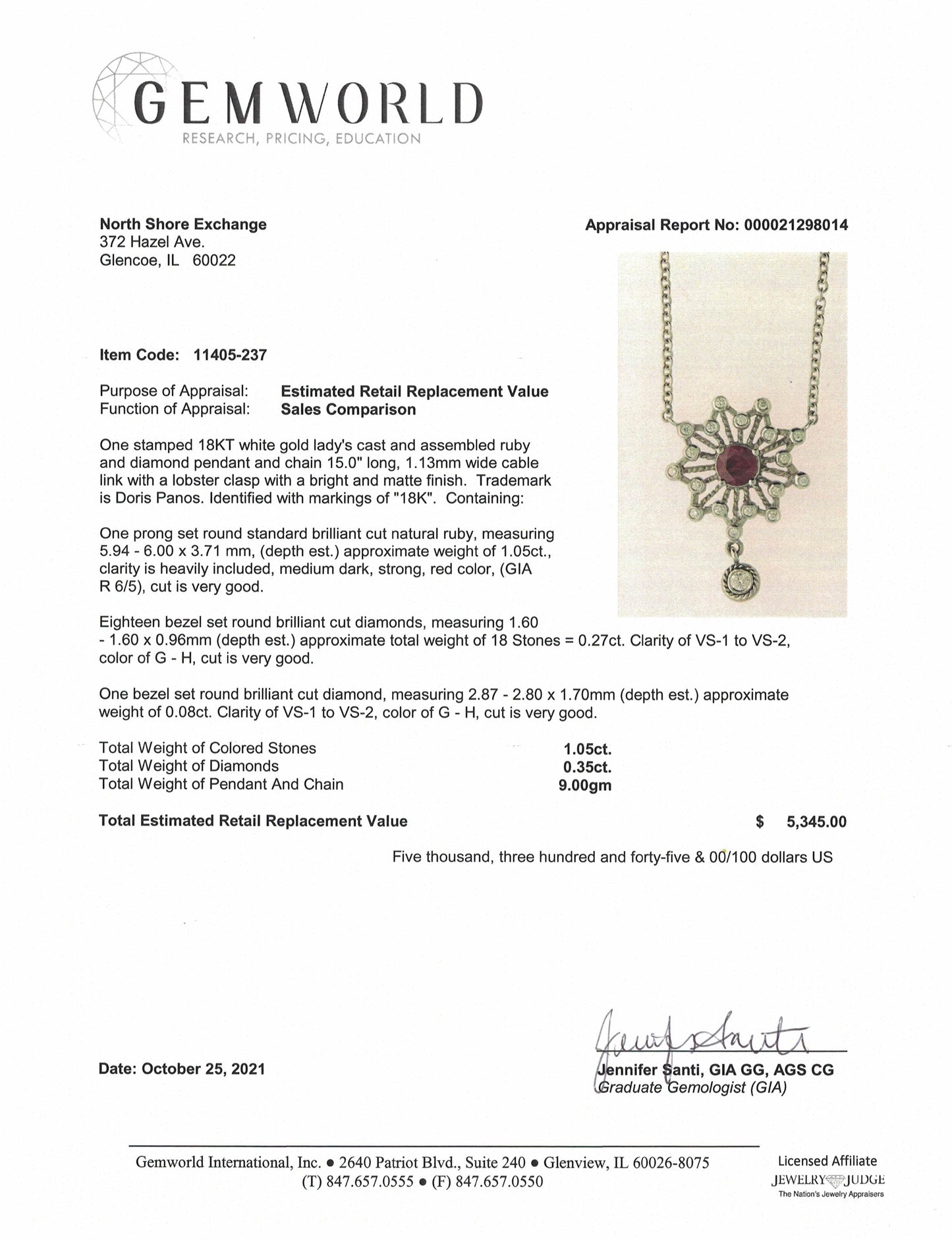 Doris Panos 18K White Gold Necklace with 1 Ruby and 19 Round Diamonds