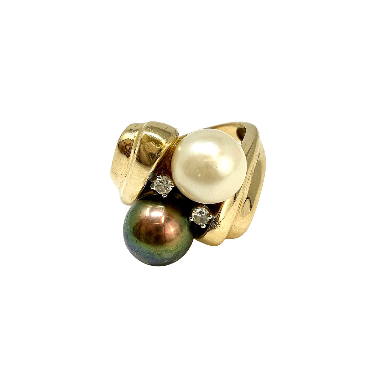 14K Gold Ring with Dark and White Pearl and 2 Diamonds