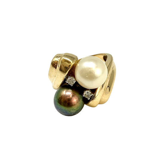 14K Gold Ring with Dark and White Pearl and 2 Diamonds