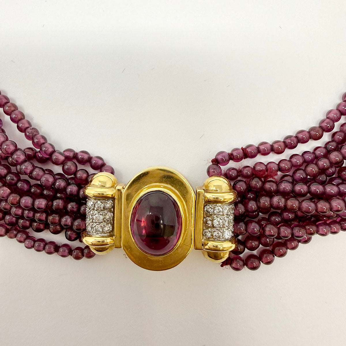 10 Strand Garnet Bead Necklace with 18K Gold Clasp with Cabochon and Diamonds
