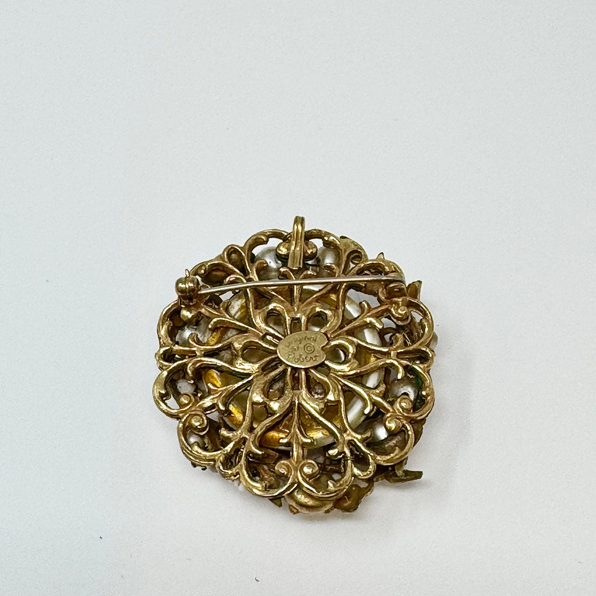 Robert Vintage Faux Grey Pearl and Rhinestone Wreath Pin