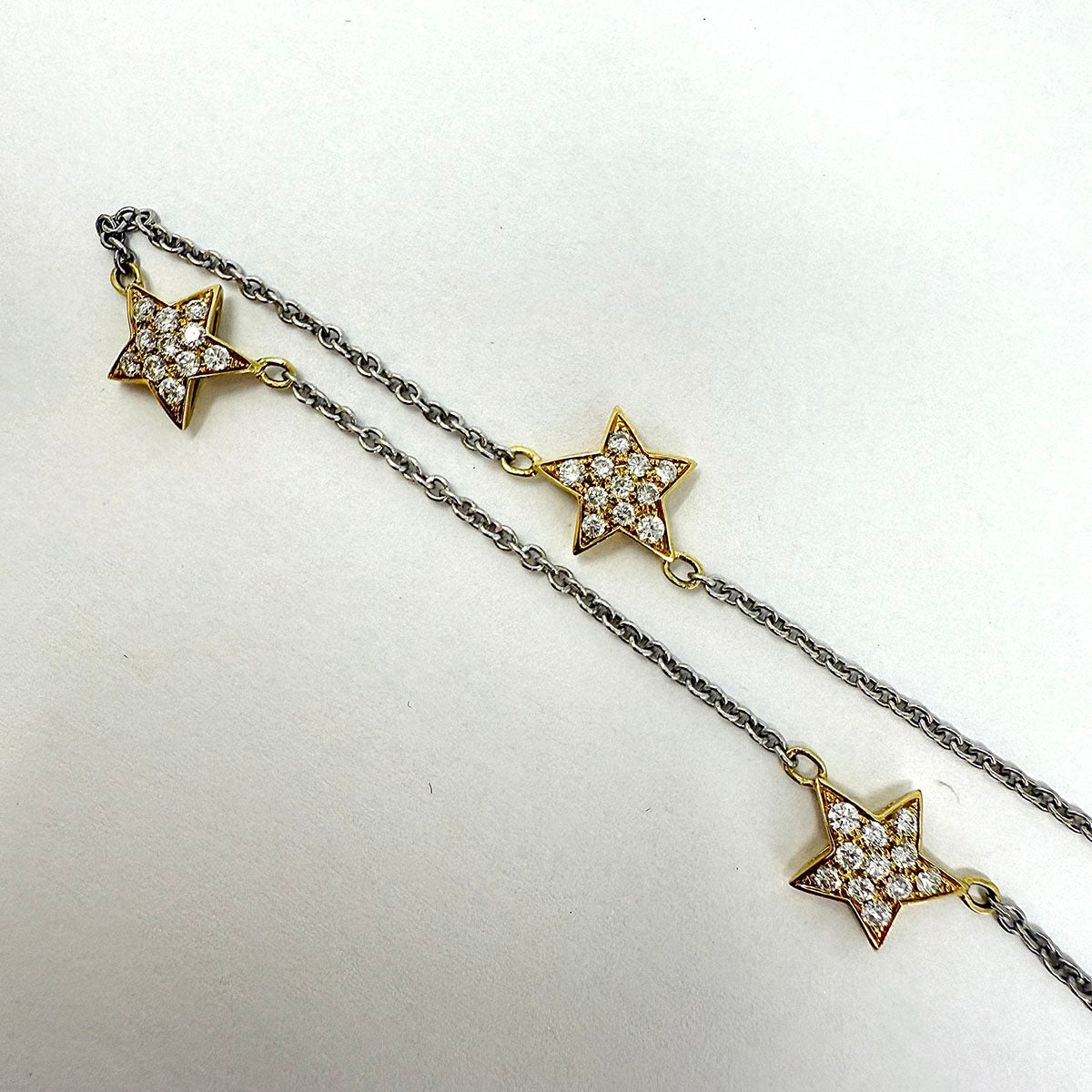 18K White Gold  Necklace with 3 Yellow Gold Stars with Diamonds