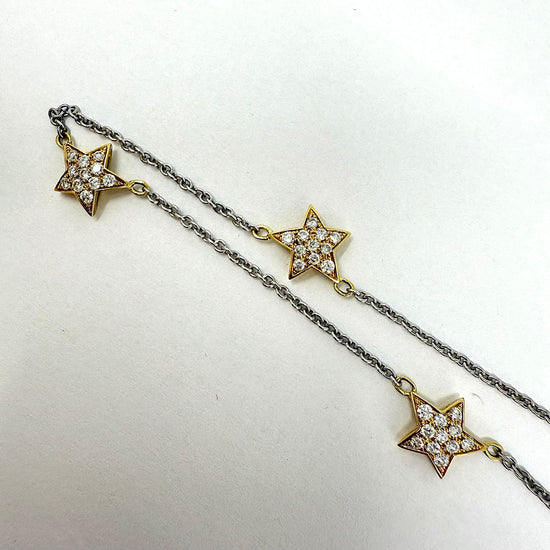 18K White Gold  Necklace with 3 Yellow Gold Stars with Diamonds