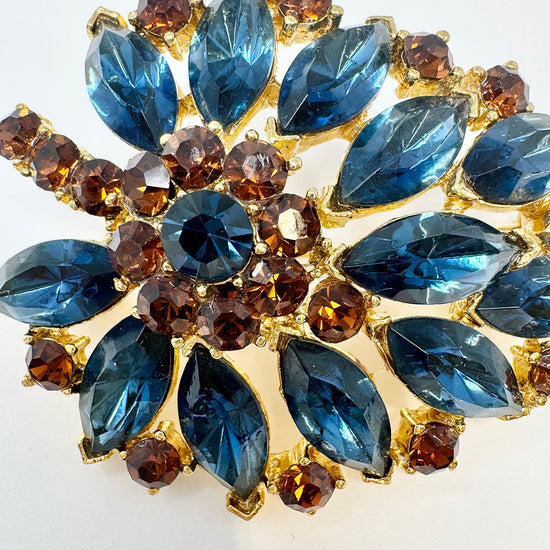 Weiss Vintage Blue and Brown Crystal Leaf Pin